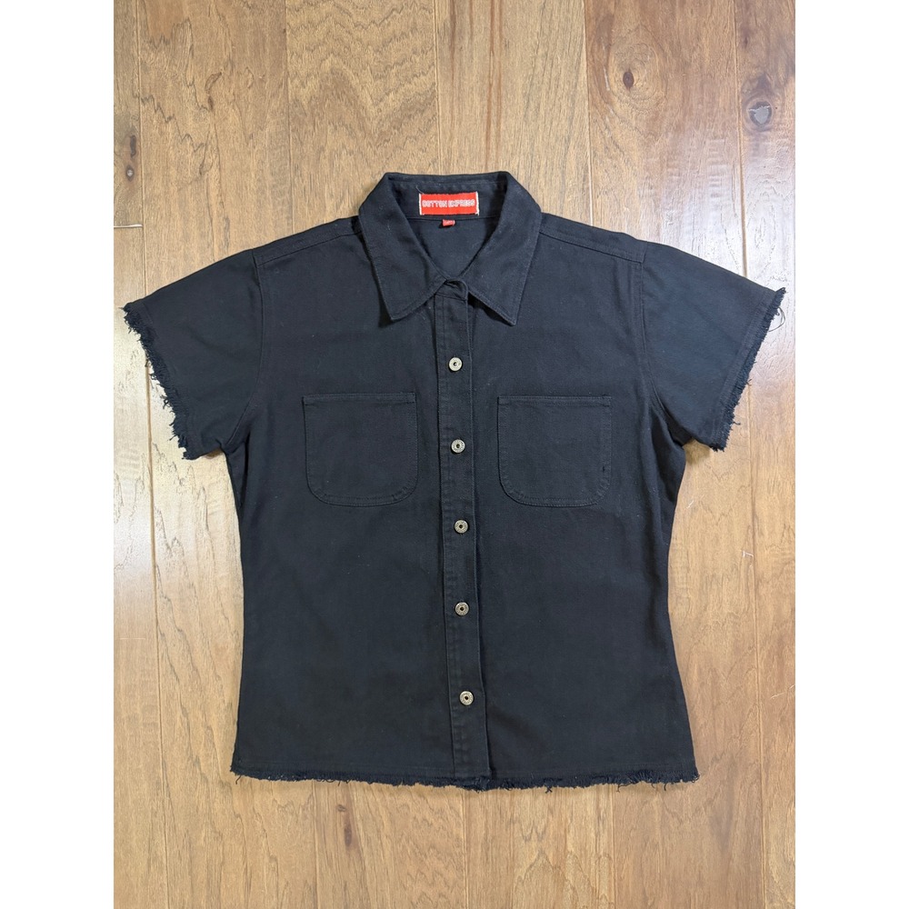 Cotton Express Black‎ Denim Short Sleeve Button Down Frayed Hem Shirt Large